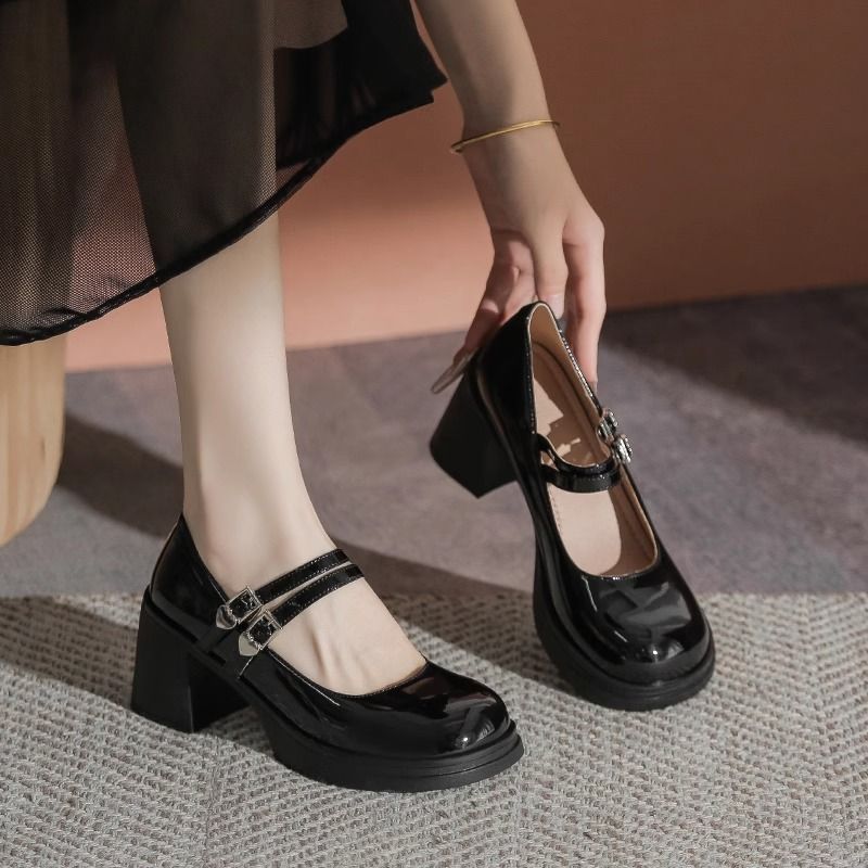 Genuine Mary Jane in spring and autumn 2024, new French round toe small leather shoes, medium high heels, thick heel_voghion.com