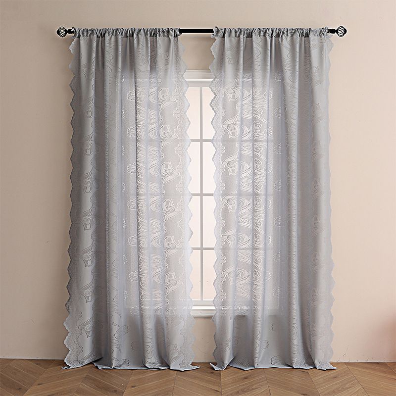 French Tulip Embroidery Curtains - Blackout Sheer Window Drapes For Living Room/Bedroom, No Drill Rod Pocket & Tie Top, 140x260 Inch, White Grey_voghion.com