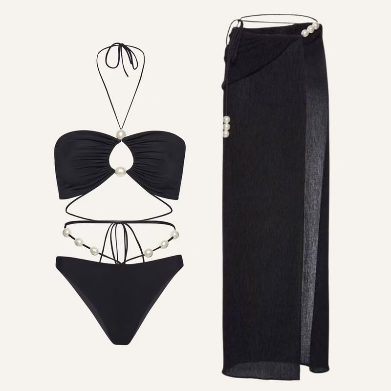 Damenbekleidung Sexy Bikini Split Badeanzug Damen Chiffonrock Perlenanzug Badeanzug Strand Gerafft Konservativ Bauchbedeckung_voghion.com