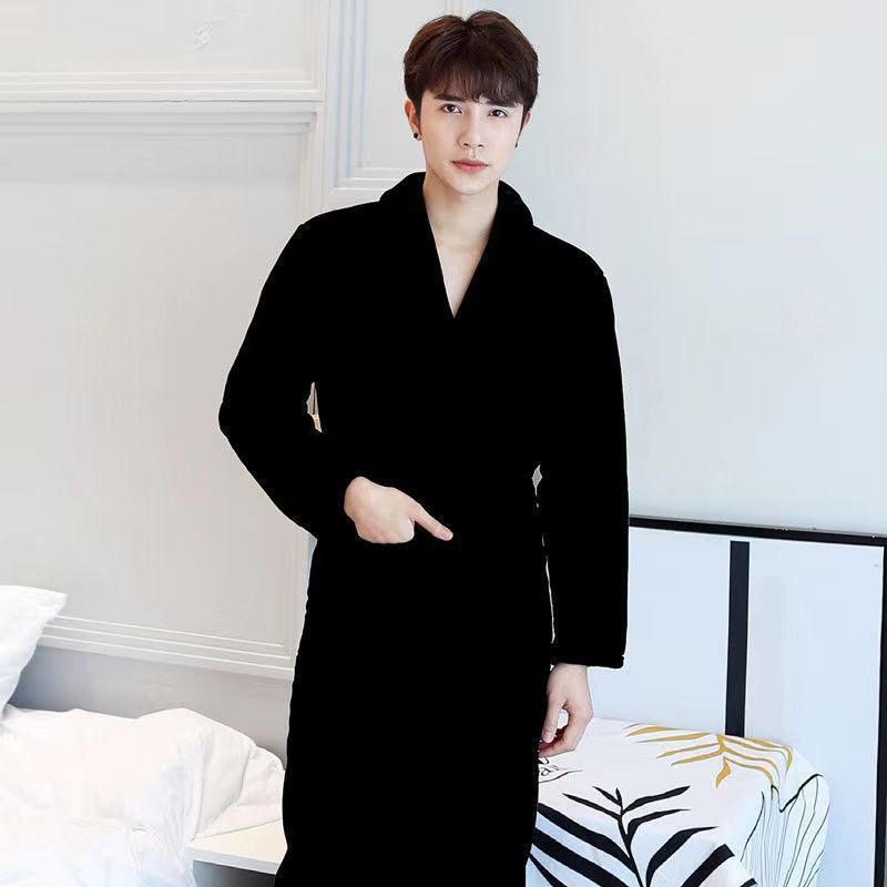 Winter nightgown men's flannel bathrobe coral fleece long sleeve large size nightgown plus fleece long home clothes bathrobe men_voghion.com