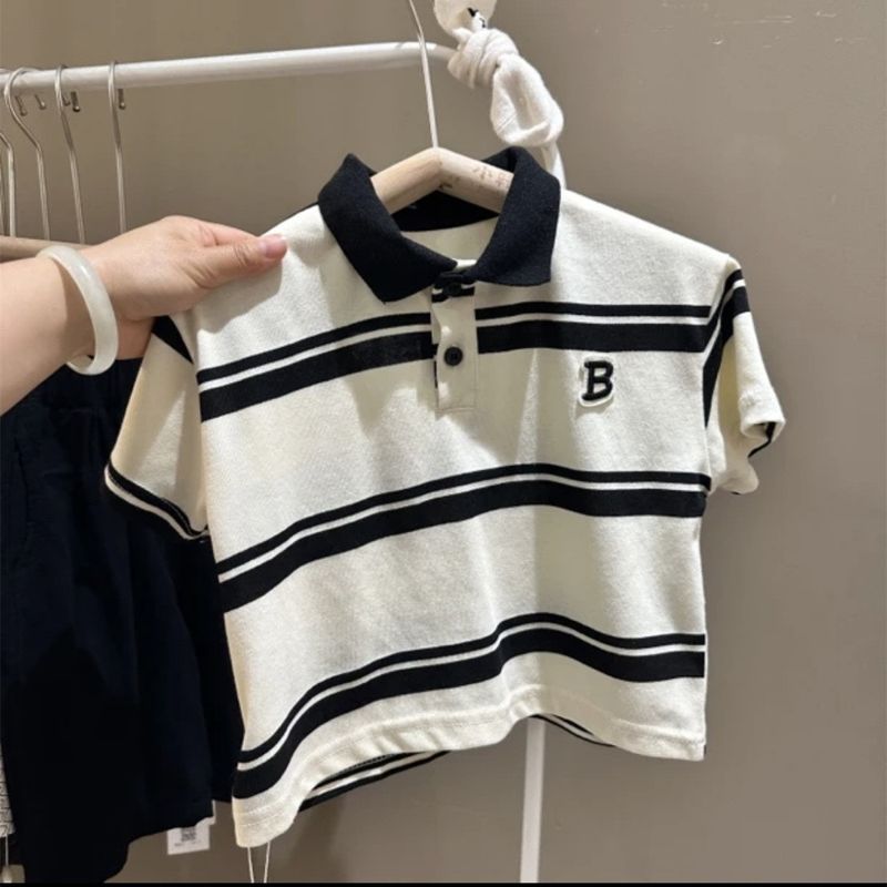 Summer New Polo Top 2024 Korean Edition Fashion Boys' Trendy Stripe Letter Short Sleeve_voghion.com