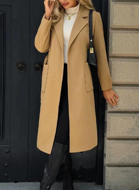 Eleganter Damenmantel aus Wollmischung mit Gürtel in der Taille und Reverskragen – Klassischer langer Trenchcoat für Herbst und Winter, Retro-Chic-Stil, lockere Passform, Gelb_voghion.com