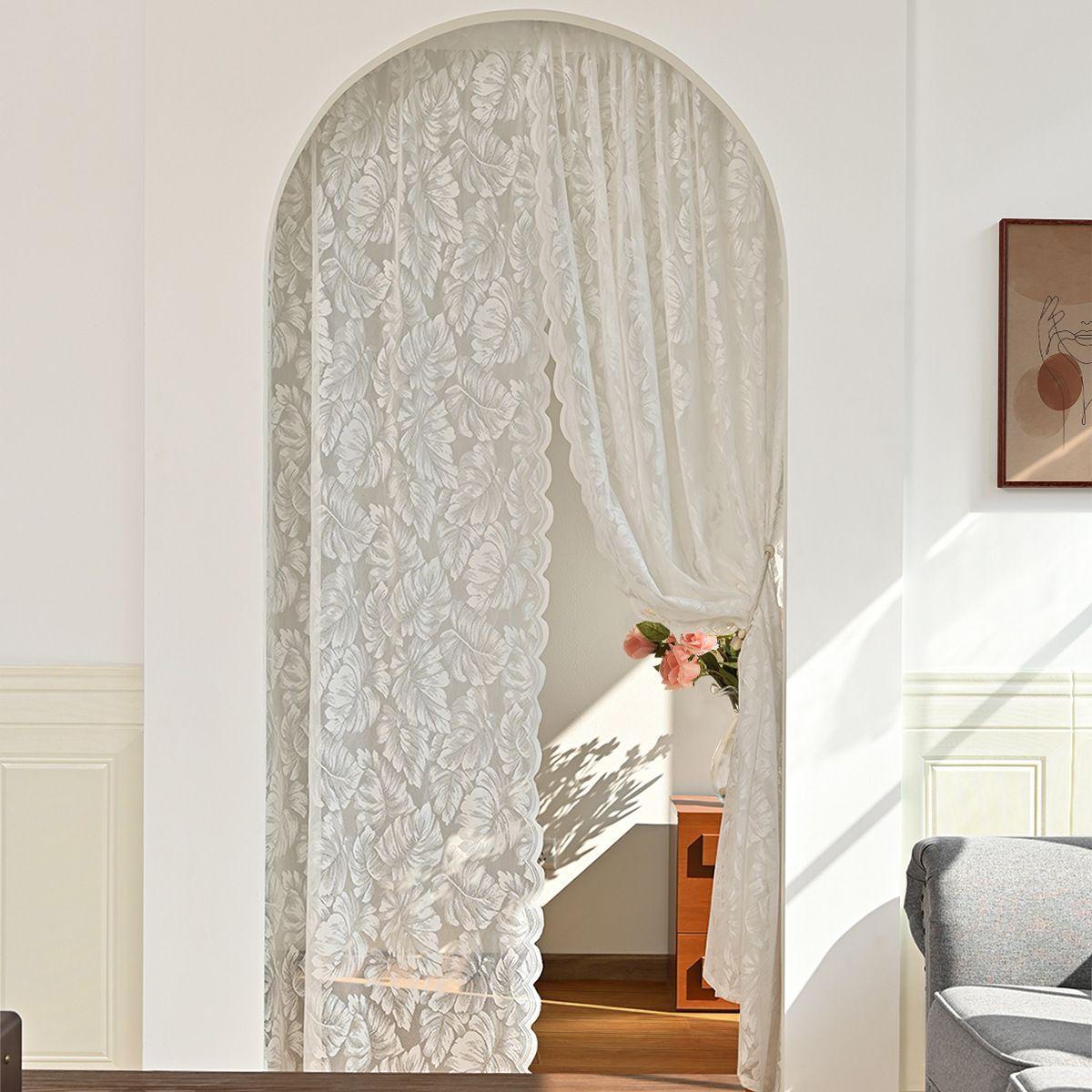 Tenda a zanzariera per finestra in tinta unita, con asta per tenda a foglia, in pizzo lavorato a maglia, bianca_voghion.com