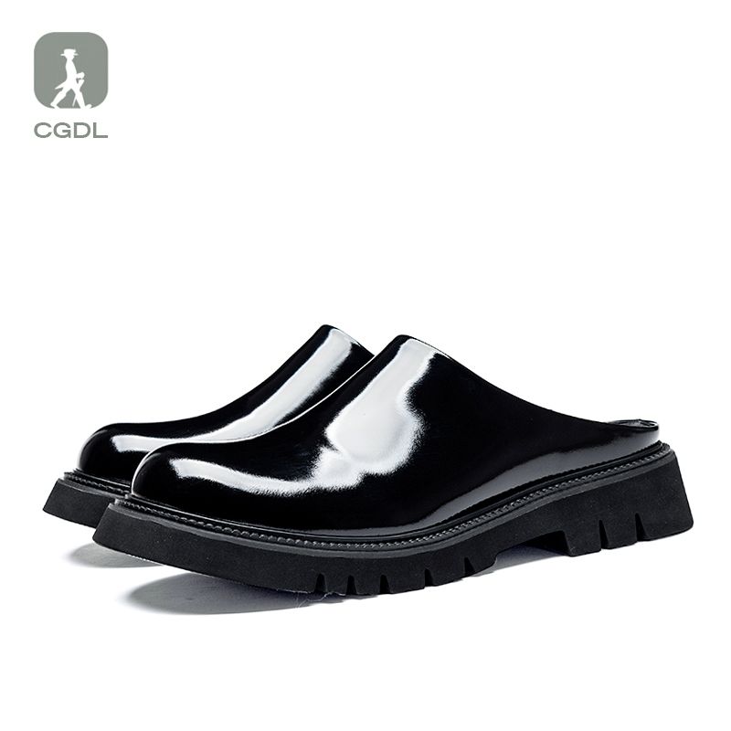 Special Offer Big Sale Genuine Closed Toe Men's Platform Thick Sole Casual Glossy Half Slippers Leather Without Heel_voghion.com