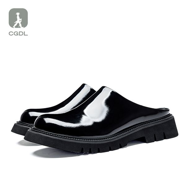 Special Offer Big Sale Genuine Closed Toe Men's Platform Thick Sole Casual Glossy Half Slippers Leather Without Heel_voghion.com