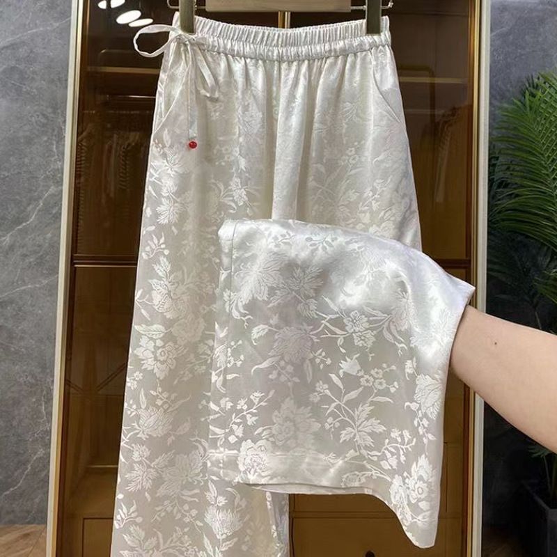 Pantalones anchos con cintura elástica y cordones para mujer_voghion.com