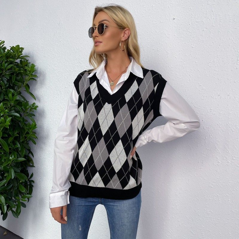 Gilet da donna in maglia calda con scollo a V scozzese_voghion.com
