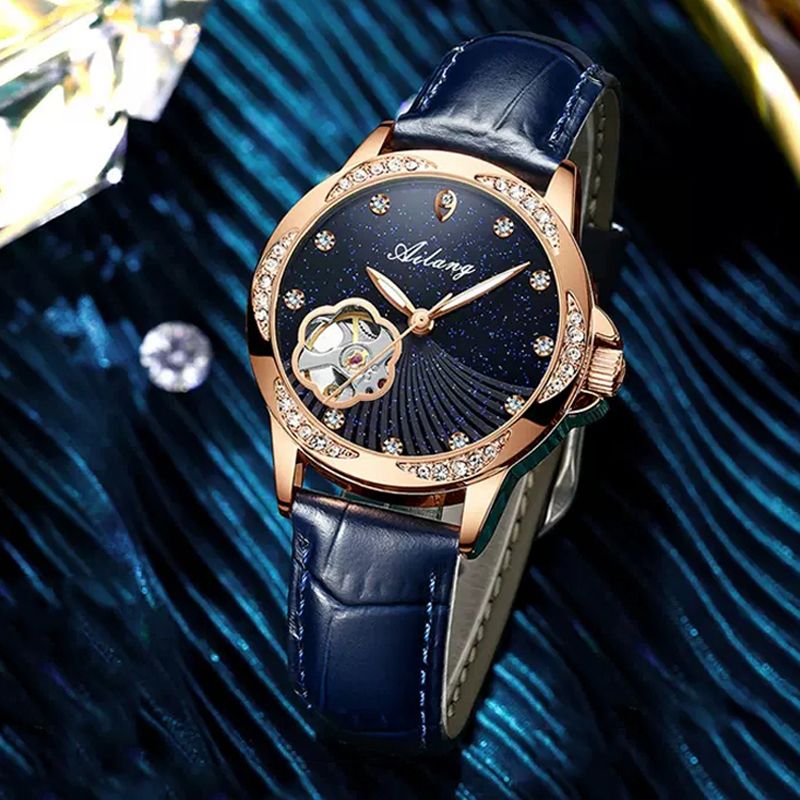 AILANG Damen-Armbanduhr, originale Luxusuhren für Damen, wasserdicht, Leder, automatisch, mechanisch, Roségold_voghion.com