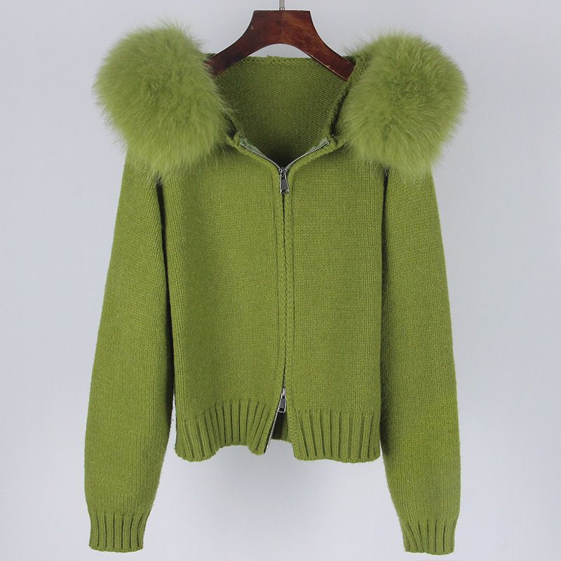 Damenbekleidung Reißverschluss Echtfuchspelzkragen Mit Kapuze Strickjacke Oberteile Jacke Damen High End Frühling und Herbst_voghion.com