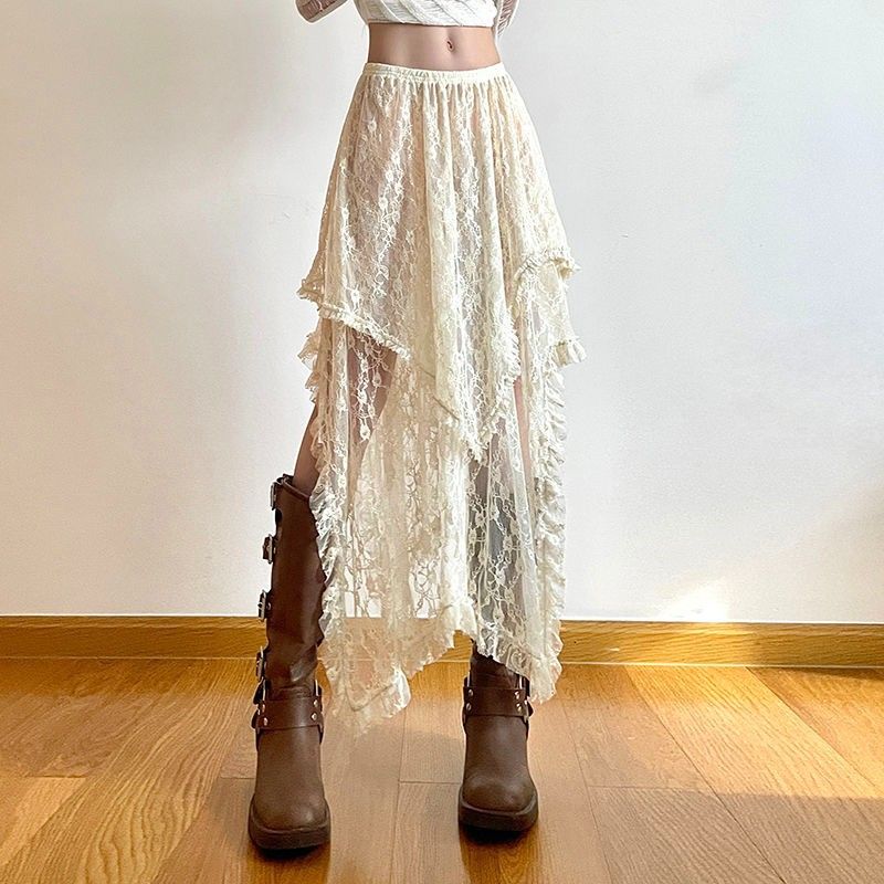Damenbekleidung Urlaub Casual Style Spitze Unregelmäßiges Design Niedrige Taille Rock Dünn Vielseitig Oberbekleidung Langer Rock_voghion.com
