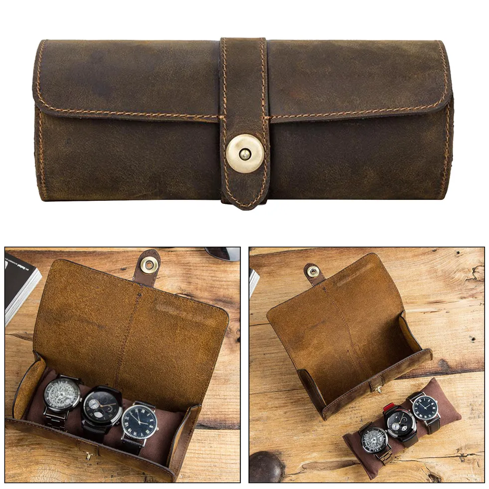 Vintage Crazy Horse Leather Watch Box Creative Round Buckle Genuine Leather Storage Box Three Pieces_voghion.com
