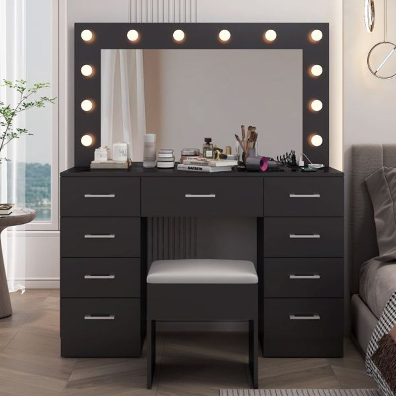 Vanity Desk Set With Large Lighted Mirror And Powre Outlet, Glass Top Makeup Vanity With 9 Drawers, Vanity Table With 12 LED Lights, 3 Lighting Colo_voghion.com
