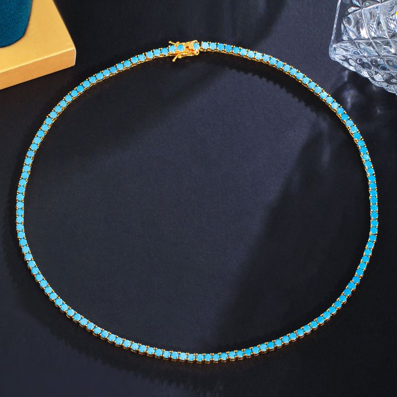 Blue Turquoise Clavicle Brass Gold Plated Single Row 3mm Hip Hop Tennis Chain Necklace Jewelry_voghion.com