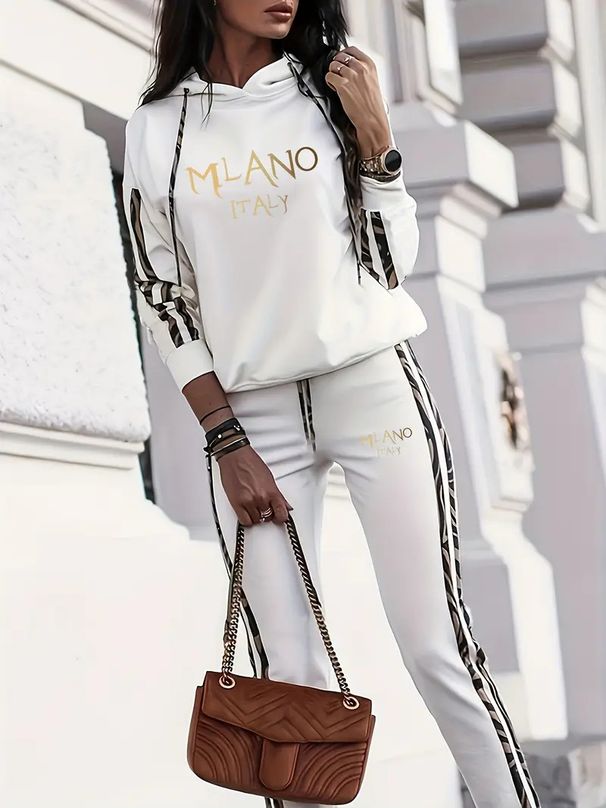 Conjunto de moletom com capuz feminino solto – Conjunto de moletom casual com estampa de letras (preto/branco, P-XXL, outono/inverno)_voghion.com