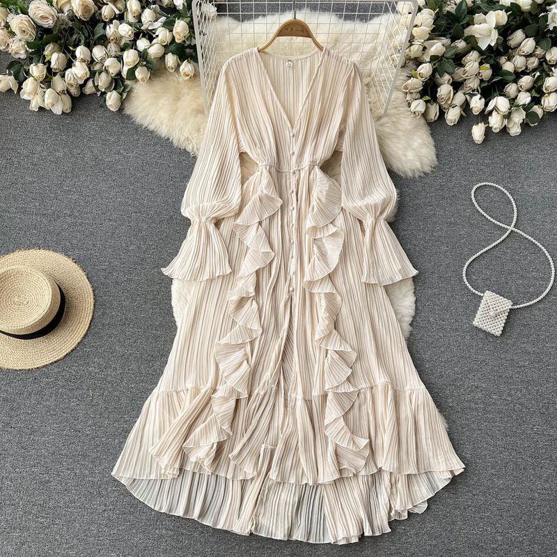 Vestido de mujer con escote en V, plisado, cintura adelgazante y vuelo amplio_voghion.com