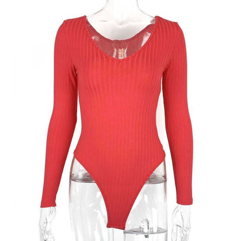 Mono sexy ajustado con cuello en V y manga larga para mujer_voghion.com
