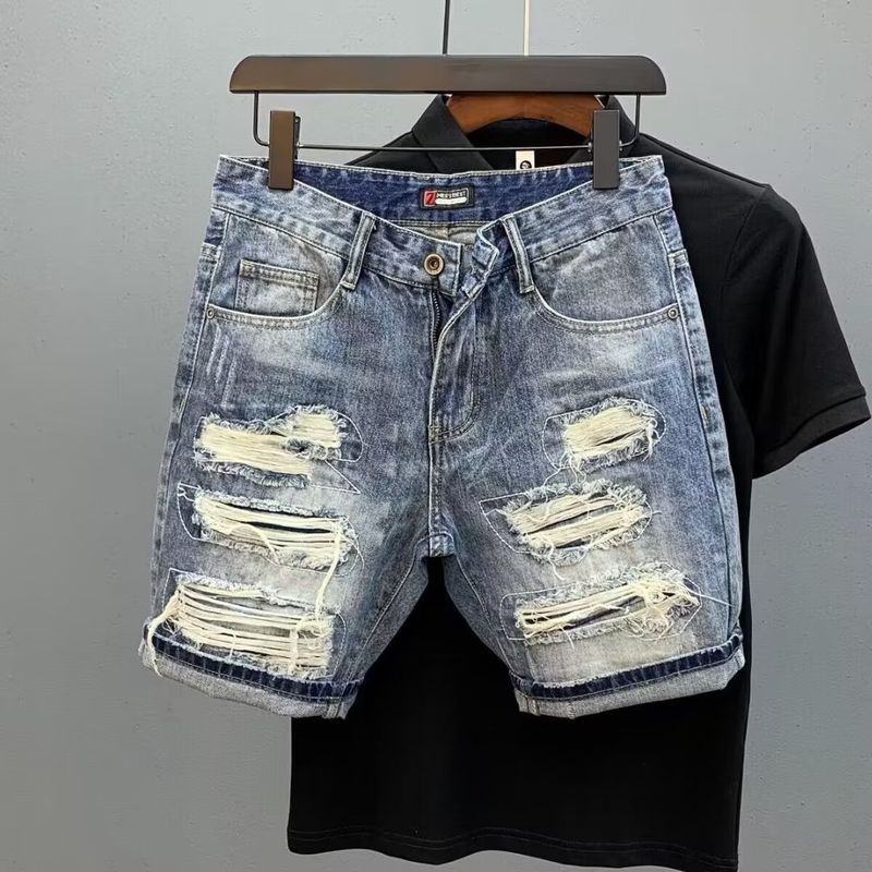 Pantalones cortos de verano finos y modernos con estampado de mendigo en negro y gris, con agujeros rayados_voghion.com