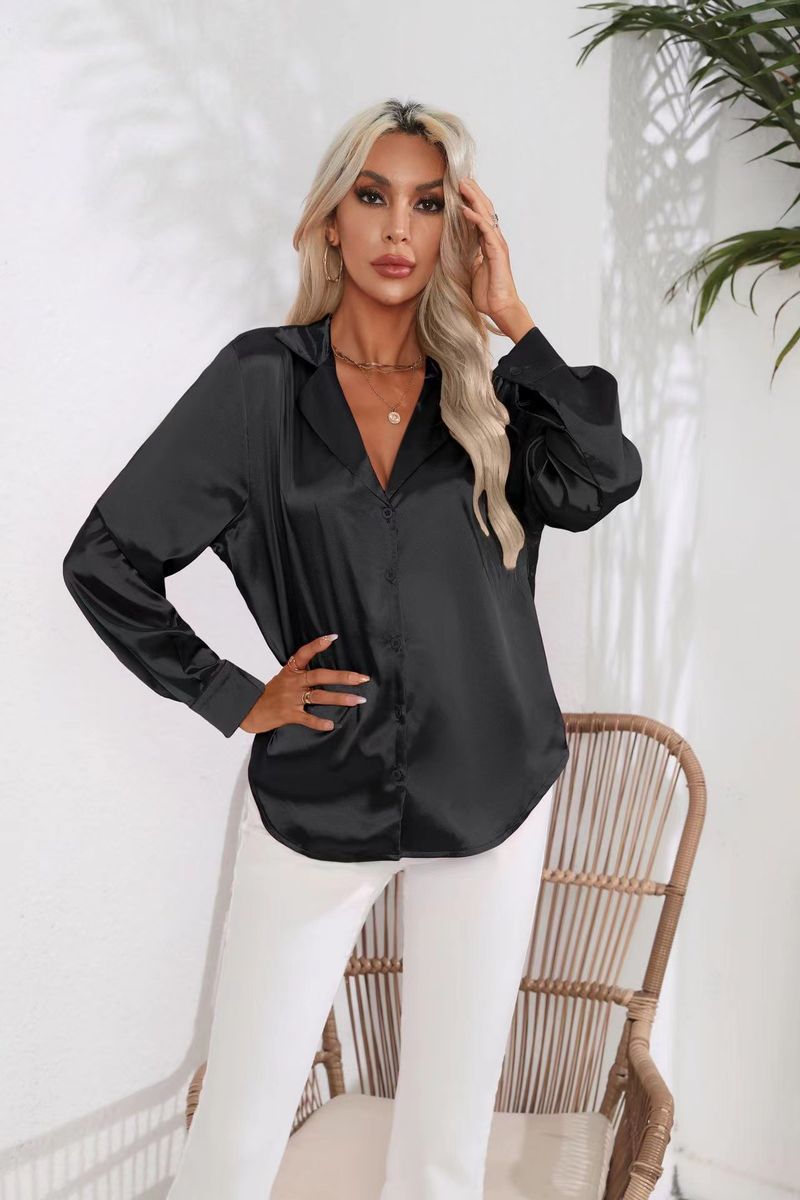 Camicia a maniche lunghe in raso imitazione seta da donna con colletto in raso caldo, vero e proprio colpo, nuova_voghion.com