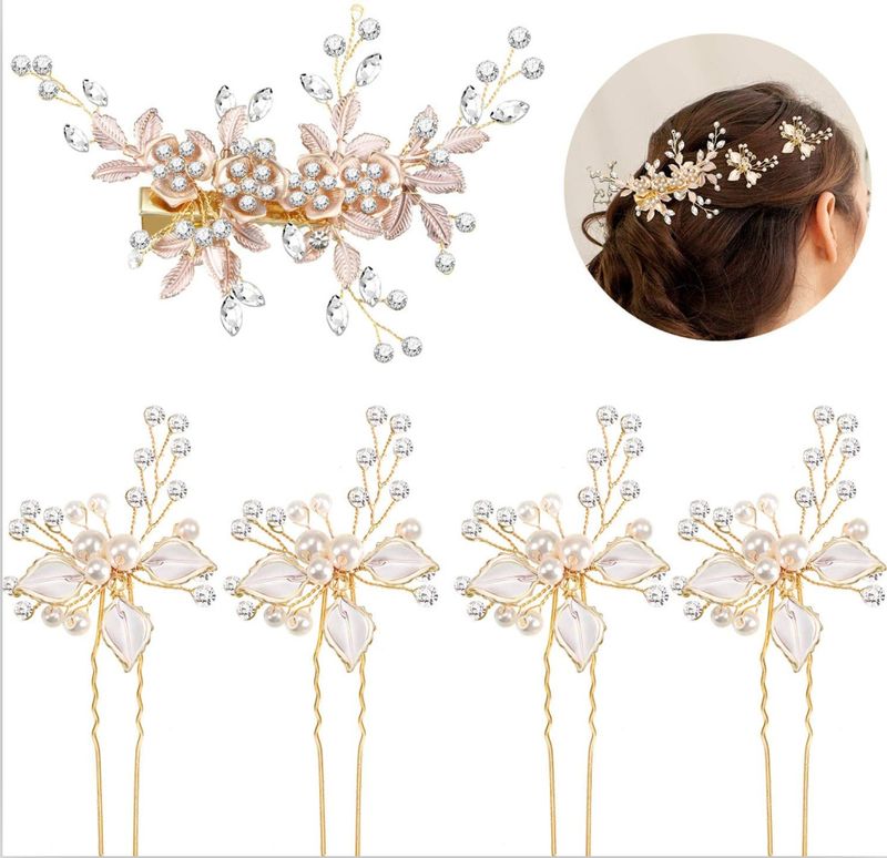 Forcina con diamanti in lega transfrontaliera + set di 4 combinazioni di forcine accessori per capelli per copricapo da sposa_voghion.com