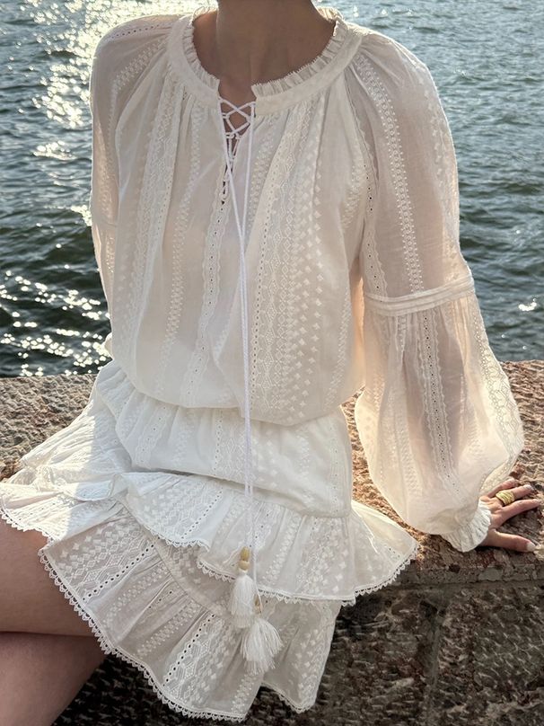 Siyuan F * AB Bianco Moonlight Micro Trasparente Puro Cotone Ricamato Camicia con Lacci/Gonna Corta a Sbuffo Tempo Libero Vacanza_voghion.com