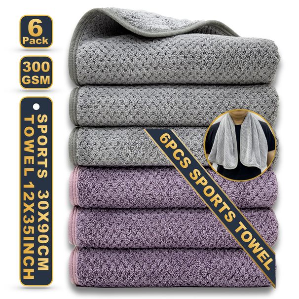 Pacote com 6 toalhas de ginástica - 30 x 90 cm, extra longas e de secagem rápida (toalha esportiva com design jacquard, antiderrapante e absorvente para exercícios e corrida)_voghion.com