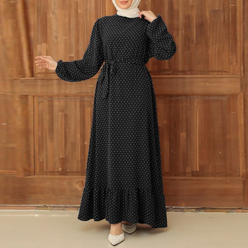 Damenkleidung Retro-Kleid mit Tupfenmuster, modisches langärmliges, muslimisch-türkisches Sommerkleid mit Rüschensaum_voghion.com