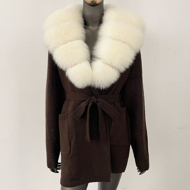 Oversized Knit Cardigan With Luxe Fox Fur Collar – Mid-Length Drape For Effortless Layering (One Size Fits Most,Belted Waist)_voghion.com
