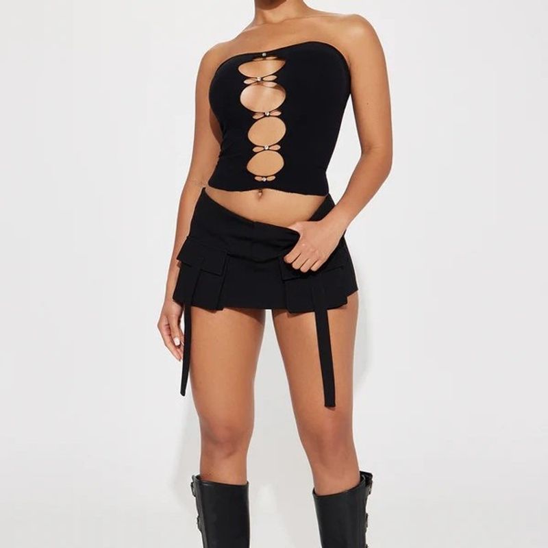 Spice Girl Style Chest Hollow Out With Rhinestones Strapless Sexy Plunge Top_voghion.com