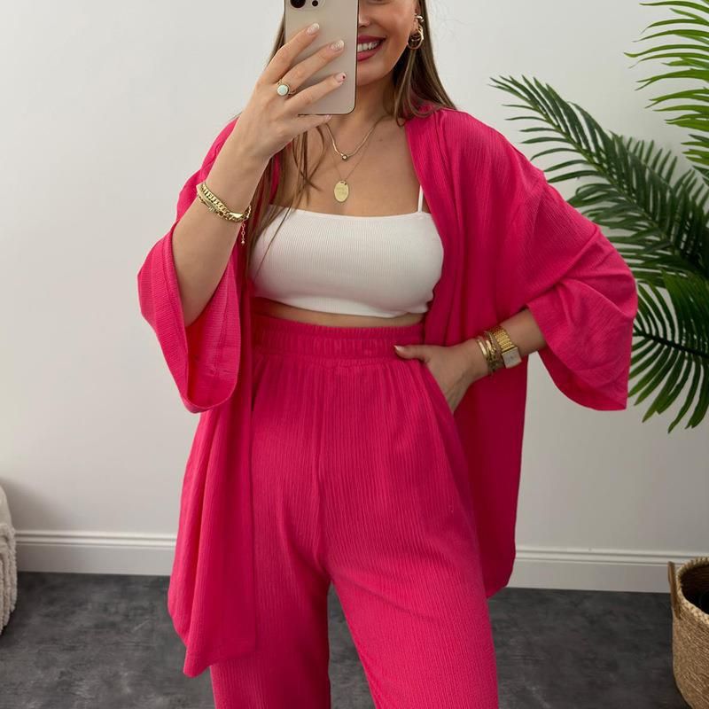 Abiti da donna per donna in primavera e autunno, camicie a maniche lunghe, tinta unita, plissettate, vita elasticizzata, pantaloni larghi, abito due pezzi_voghion.com