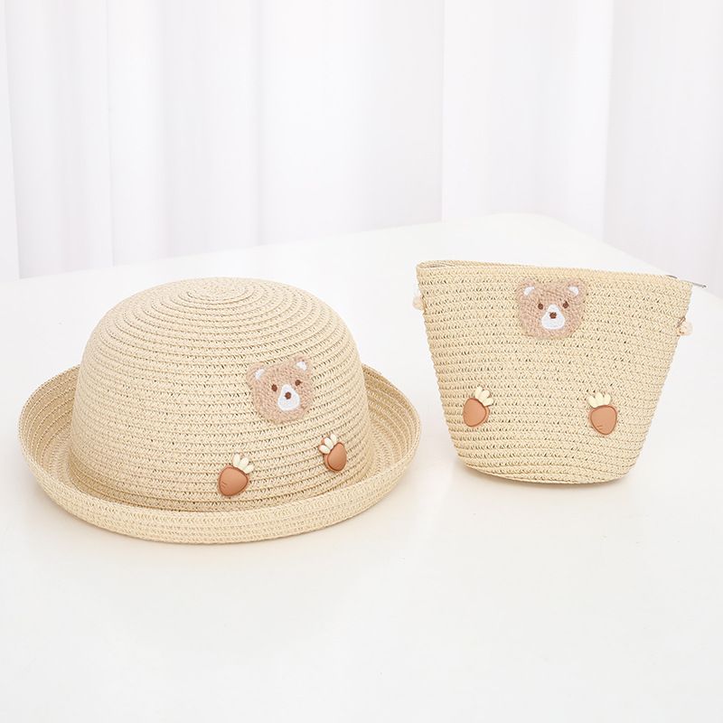 Little Fresh Curled Children's Straw Summer Girl's Travel Cartoon Beach Sunshade Hat Bag Set_voghion.com
