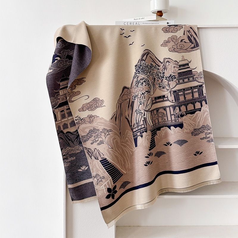 2024 neuer Schal imitiert Kaschmir im antiken Stil Architektur, Landschaftsmalerei, Kontrastfarben, Herbst und Winter_voghion.com