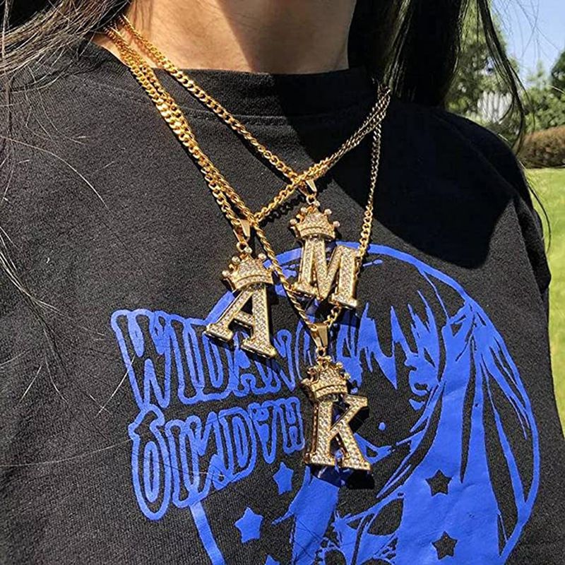 Hip Hop Full Diamond Crown 26 Letter Pendant Unisex Zircon Micro Inlaid Trendy Necklace Jewelry_voghion.com