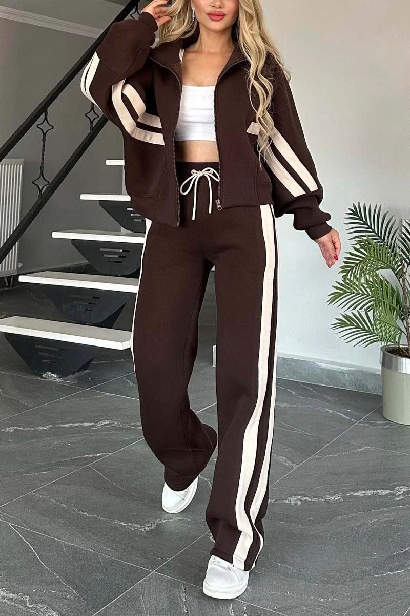 Damenbekleidung Herbst Y2K gestreifte Reißverschlussjacke lässiger Sportanzug Damen_voghion.com