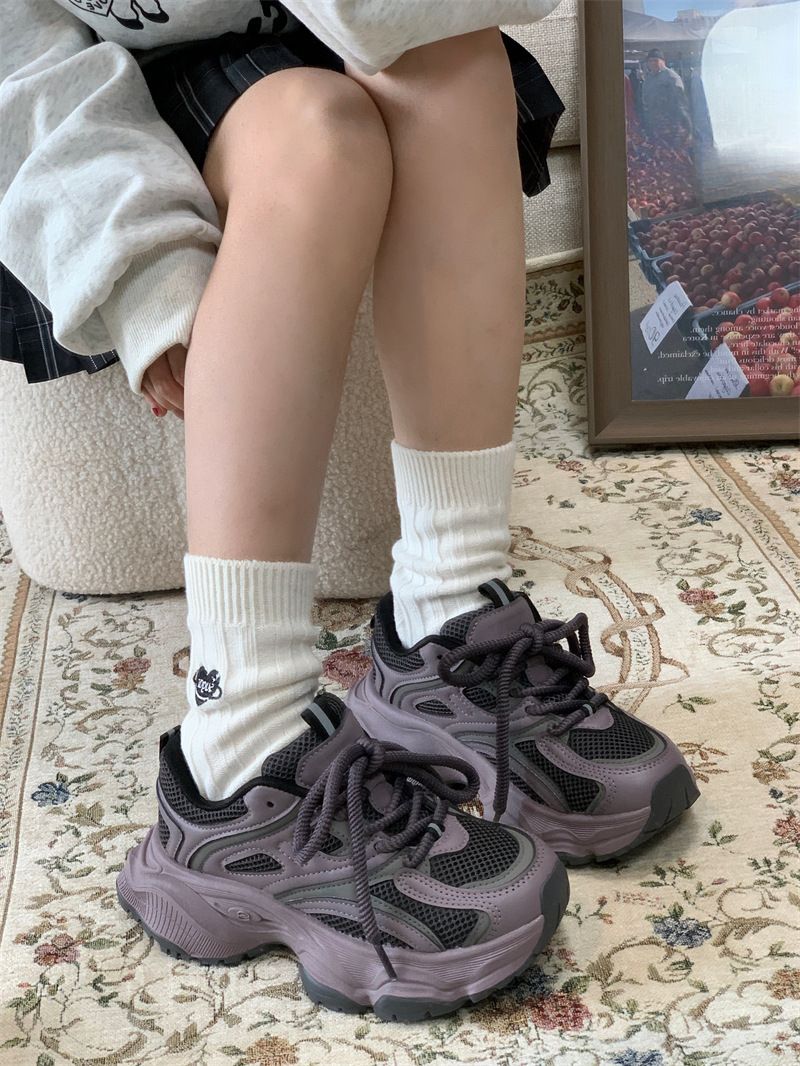 Autumn New Small Monster Gray Dad Thick Soled Height Increasing Casual Breathable Mesh Sports Shoes For Women_voghion.com