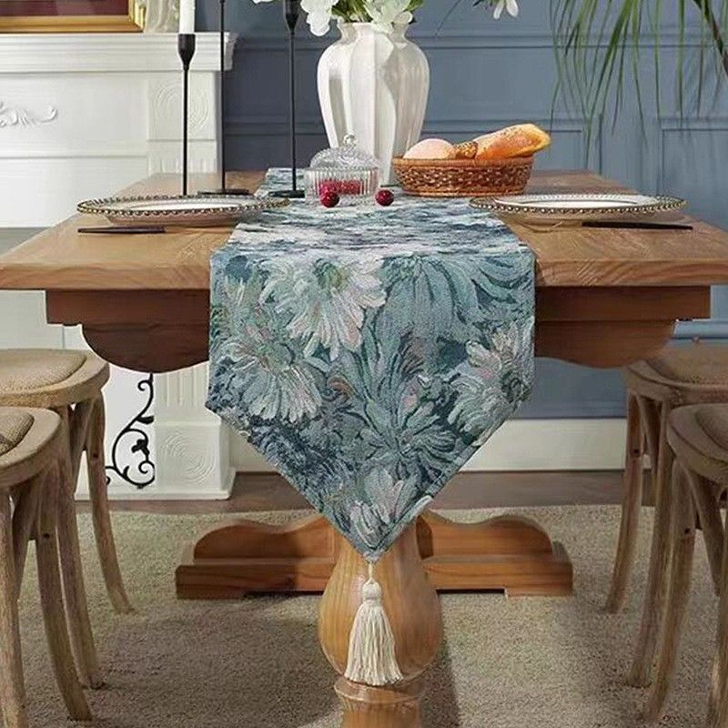 Oil Painting Style Jacquard Table Runner - Long Decorative Cover For Coffee Table & Dining Table (Tassel Trim Washable Fabric Vintage Home Decor)​_voghion.com