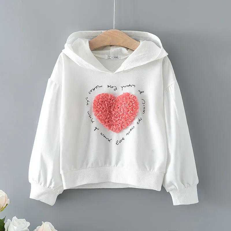 Girls' Spring Autumn long sleeved hoodie with white background casual big heart petal, small and medium-sized hooded_voghion.com