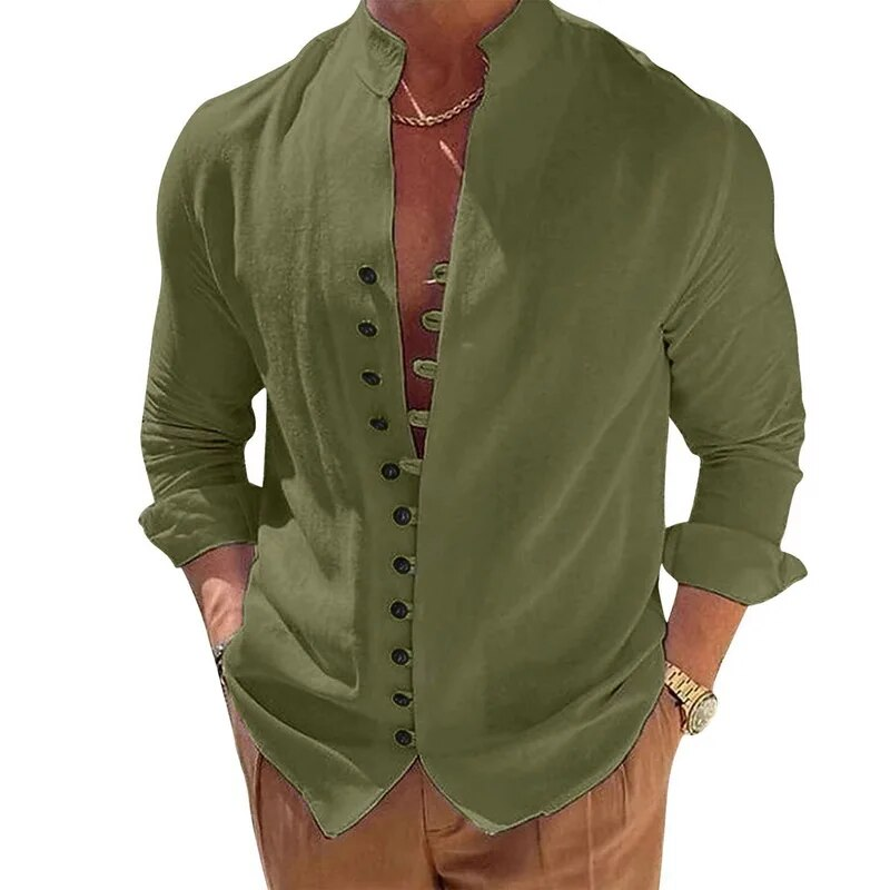 New Men's Linen Shirt Casual Tops High-quality Loose and Comfortable Long Sleeve Beach Hawaiian Shirts for Men_voghion.com
