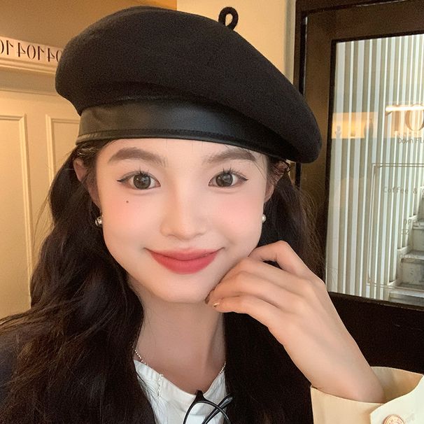 Boina negra para mujer, estilo otoño-invierno, versátil, elegante, de alta gama, fina, ala ancha._voghion.com