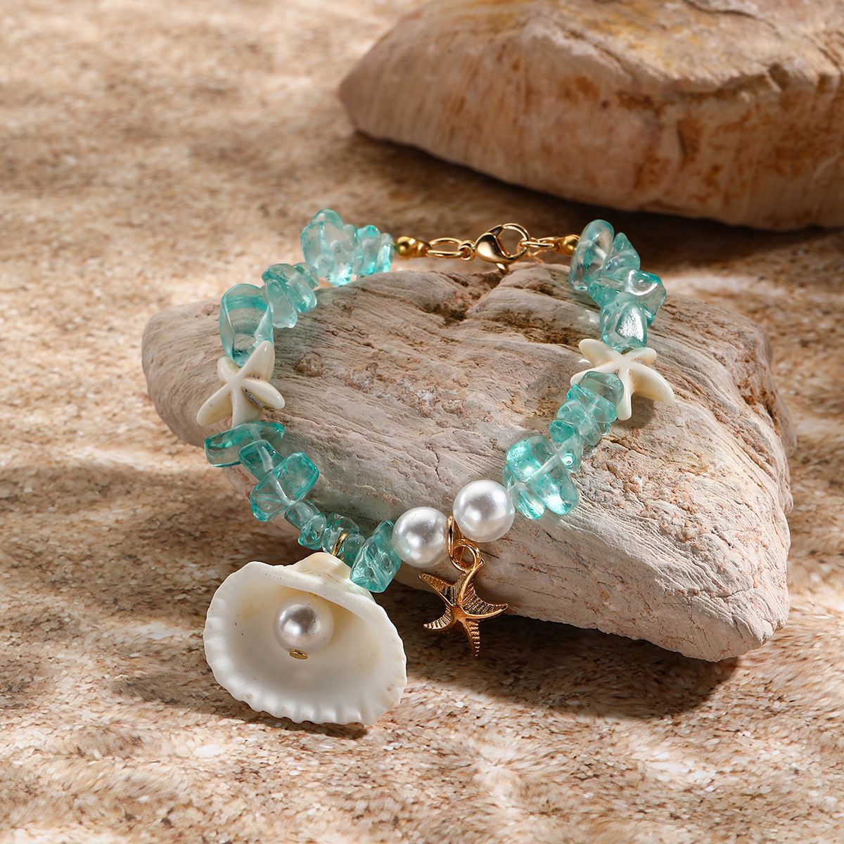 Bracciale con perline di conchiglie e perle con ciondolo a stella marina – Set di gioielli da spiaggia nautici | Conchiglie naturali, cristalli e perle di vetro, stile boho costiero_voghion.com