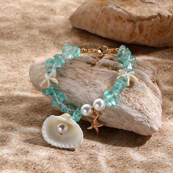 Bracciale con perline di conchiglie e perle con ciondolo a stella marina – Set di gioielli da spiaggia nautici | Conchiglie naturali, cristalli e perle di vetro, stile boho costiero_voghion.com