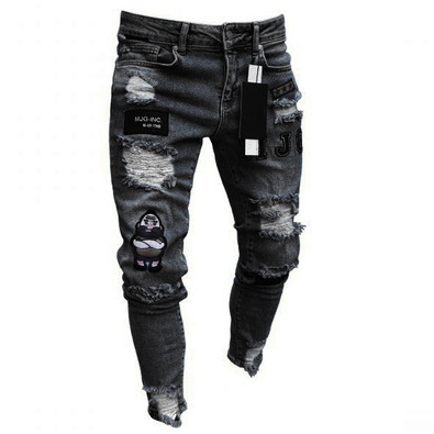 Jeans slim neri di tendenza strappati di alta qualità in denim bianco da uomo_voghion.com