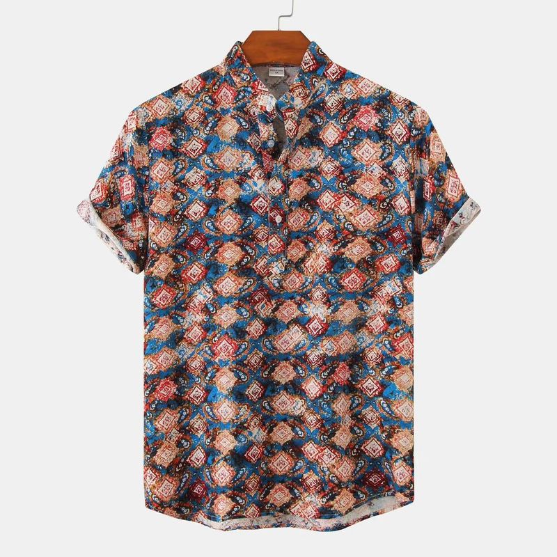 Herrenbekleidung Sommer Blumenmuster Strand Kurzarmhemd Sommer Camouflage Bedrucktes Hemd Herren_voghion.com
