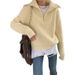 Damen-Strickpullover mit Reißverschluss – gemütlicher, locker sitzender Pullover mit Polokragen und langen Ärmeln, lässiges Streifen-/Karo-Design_voghion.com