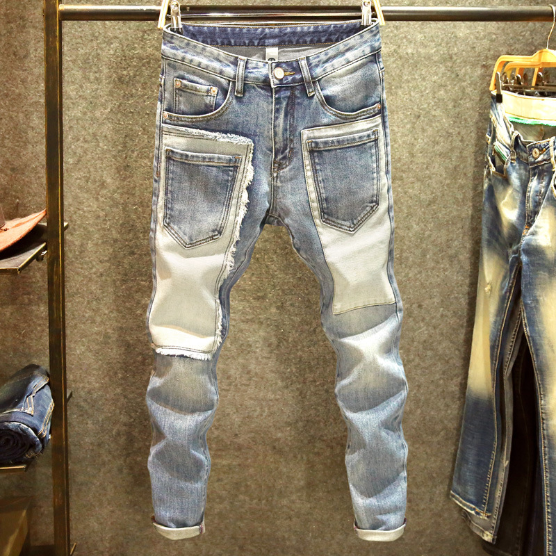 Jeans da uomo con patch, eleganti, con tasche multiple, vestibilità slim alla moda e pantaloni lunghi elastici con giunture._voghion.com