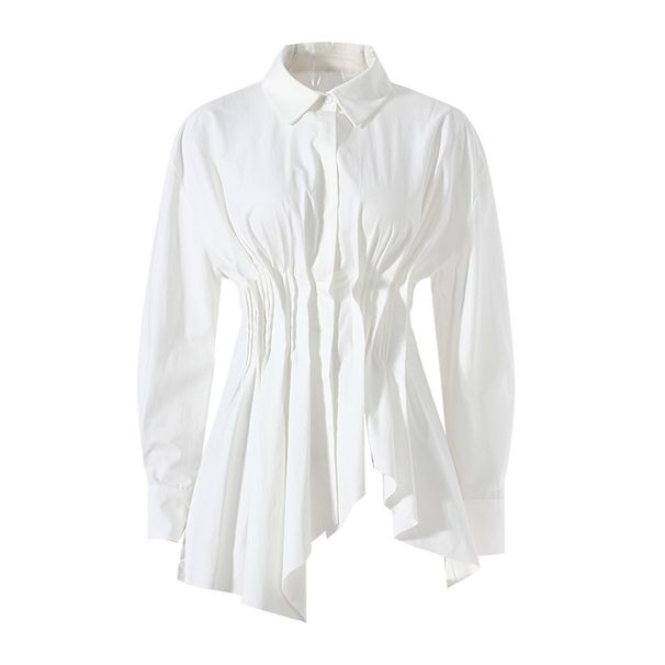 Hoogwaardig onregelmatig fishtail-ontwerp shirt voor dames in de lente en zomer met nauwsluitende taille, tops met polokraag en lange mouwen_voghion.com