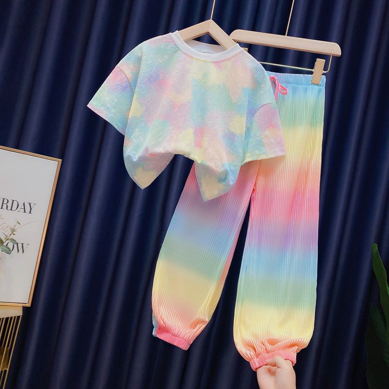 Calças arco-íris para meninas Mother&Kids, roupas de verão para crianças, finas, soltas, grandes, para meninas, duas peças, moda, manga curta_voghion.com