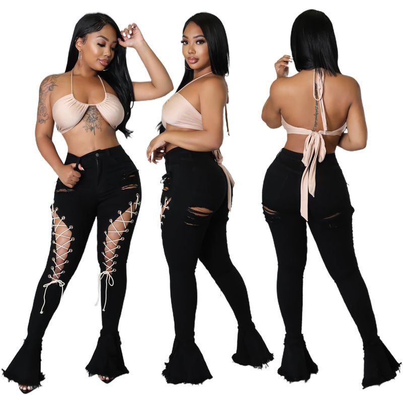 Damen Mid-Taille Retro gerappte elastesch Ösenbandage Buedemlaang Denim Bell Bottom Hosen_voghion.com
