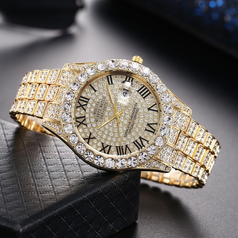Designer Style Calendar Full Diamond Roman Scale Alloy Steel Band Watch Men's Full Sky Star Hip Hop Watch_voghion.com