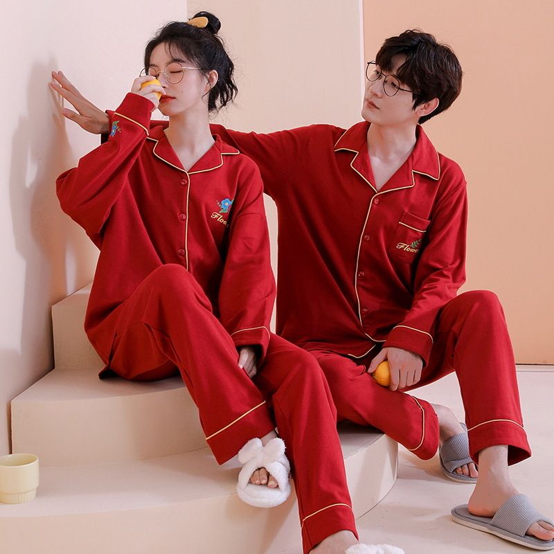 Vårpar Nygifta Långärmade Byxor Bomull Kofta Pyjamas Stor Röd Urår Herr Dam Höst och_voghion.com