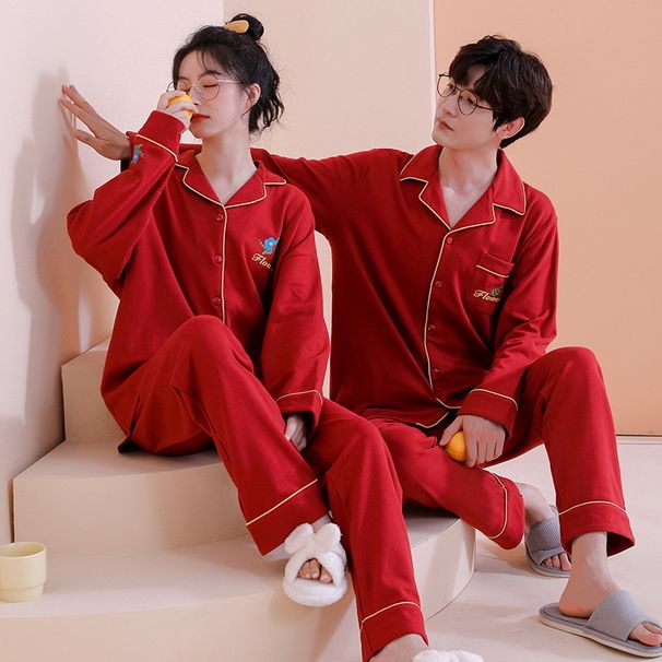 Vårpar Nygifta Långärmade Byxor Bomull Kofta Pyjamas Stor Röd Urår Herr Dam Höst och_voghion.com